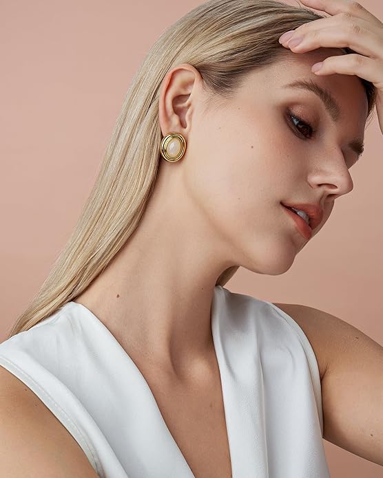 18K gold plated Medium Oval Button Chunky Statement Earrings for Women by SNGIA, (Turquoise, Carnelian, Aventurine, Amethyst, Malachite, Cat Eye, White, Cream) Bold Handmade Colored (Red, Blue, Green, White, Cream, Purple) Exaggerated Dome Retro Rounde...