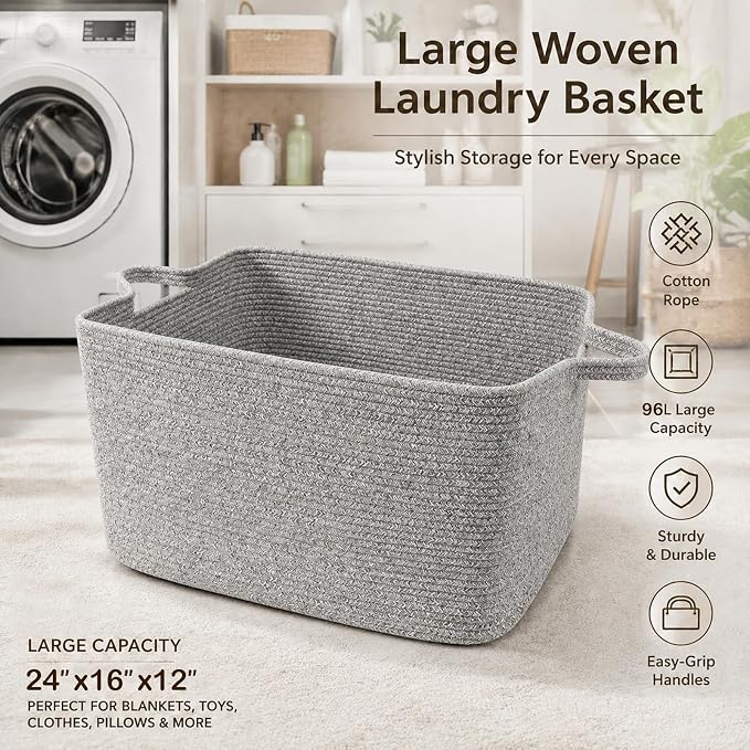 96L Woven Laundry Basket with Handles, Extra Blanket Basket, Living Room - Image 4