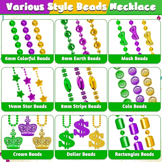 300 PCS Purple Gold Green Mardi Gras Beads Bulk, 9 Styles Beads Necklaces Assortment for Mardi Gras Decorations, Mardi Gras Beads Necklaces for Mardi Gras Parade Throws Masquerade Party Accessories