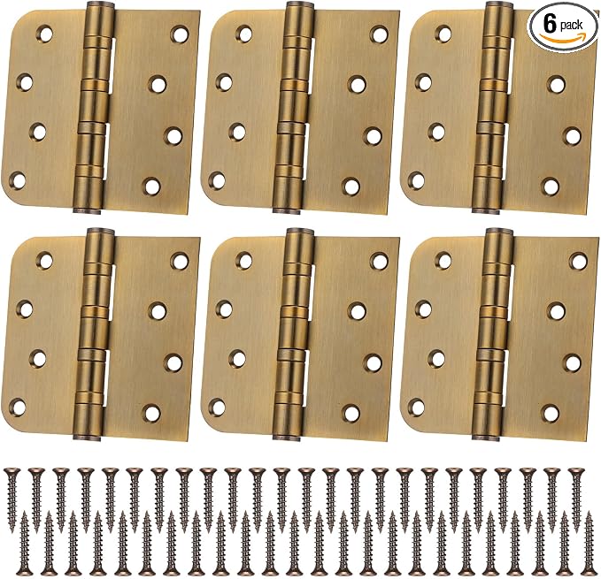 6 Pcs Brass 4'' Ball Bearing Door Hinges, Square and 5/8'' Radius Corner | by Yaocom