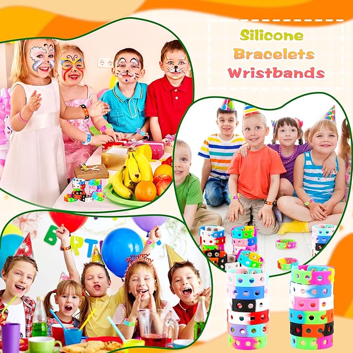 66 Pcs Silicone Charm Bracelets Adjustable Cute Kids Rubber Bracelets Bulk Colorful Wristbands with Holes for Shoe Birthday Party Gifts Identify, 11 Colors