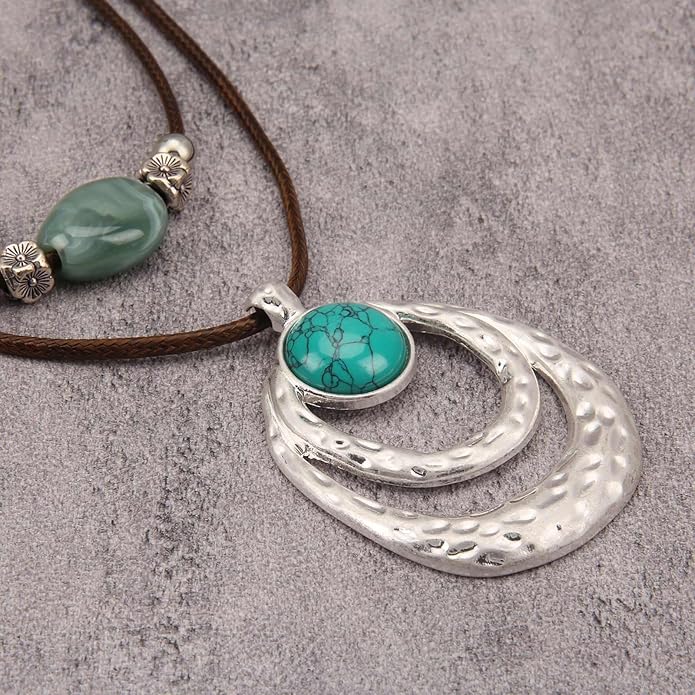 Boho Necklaces for Women Chunky Circle Necklace Layered Boho Circle Leather Choker Necklace Long Vintage Necklaces Bohemian Jewlery Gifts
