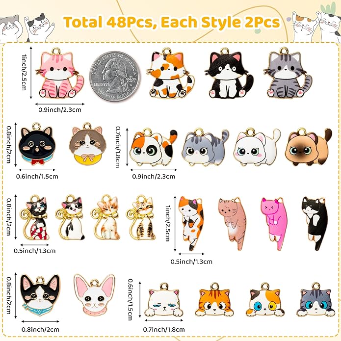 Cat Charms Pendants - 48Pcs Pet Cat Alloy Enamel Jewelry Pendants Bulk Cute Animals Gold Enamel Charms for Jewelry Making Earring Necklace Bracelet Making DIY Crafts Birthday Xmas Winter Holiday Gift