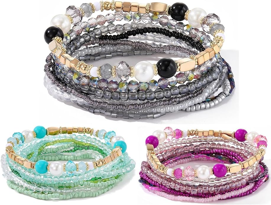MengPa Beaded Bracelets for Women Trendy Stacks Boho Bead Bracelet Pack Friendship Jewelry