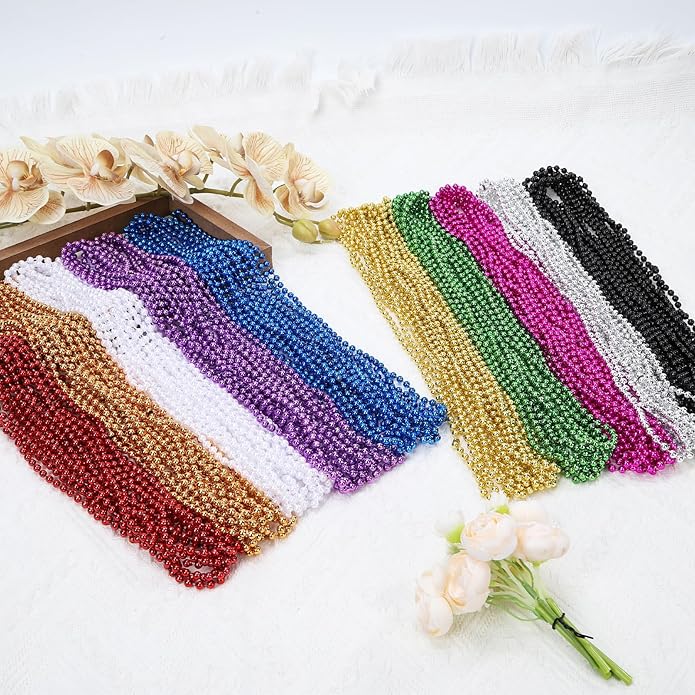 Mardi Gras Beads Necklaces, 33 Inch Plastic Beads for Party Favors, Festival Decorations, Parade Throws, Christmas, St. Patrick's Day Celebrations