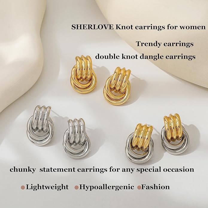 Trendy Gold Plated Knot Earrings for Women Chunky Statement Drop Dangle Earrings Lightweight Hypoallergenic Fashion Accessories Gold Jewelry Gifts for Womens