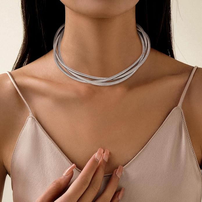 Chunky Gold Necklace for Women, Bold Big Wrap Choker Necklace for Women Gold Statement Necklace Lightweight Alloy Non-Tarnish Silver/Gold Collar Necklace Gold Choker Necklace Valentines Day Gifts for Her
