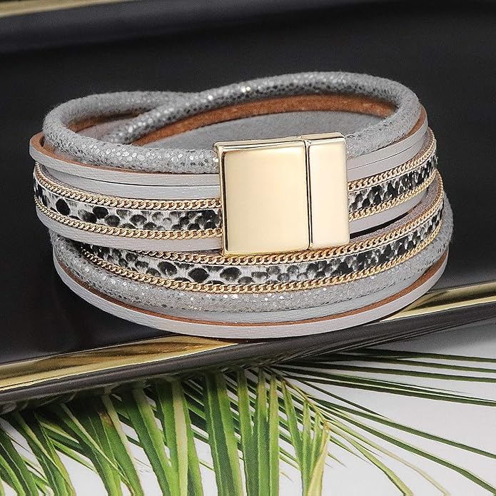 Wowanoo 3Pack Leather Cuff Bracelet Set Multilayer Wrap Bracelet Crystal Feather Tree Bracelet Magnetic Clasp Bracelet for Women