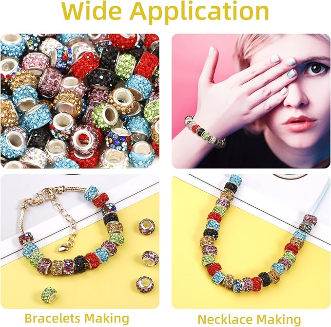 200 PCS European Large Hole Beads Rhinestone Colorful European Beads Crystal Large Hole Craft Beads for DIY Charms Bracelet Jewelry Making