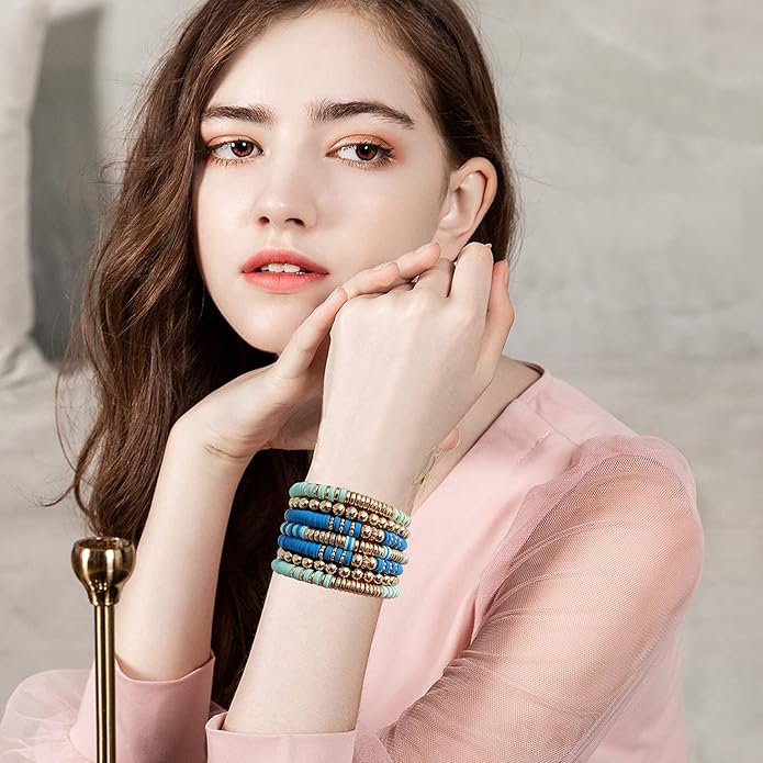 GOOJIDS Surfer Heishi Clay Bead Bracelets for Women Bohemian Stackable Gold Plated Beaded Stretch Bracelets Elastic Layering Friendship Bracelets Set Boho Jewelry
