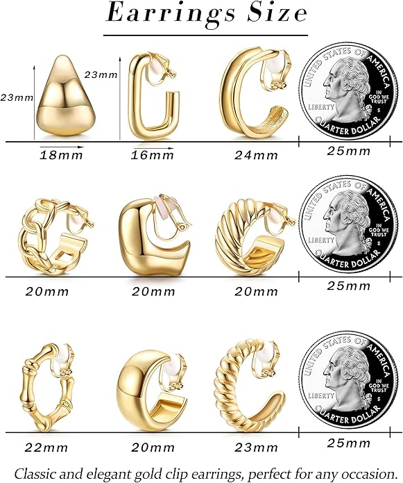 THUNARAZ 9 Pairs Clip on Earrings for Women 14K Gold Plated Chunky Hoop Clips Earring Trendy Clip on Hoop Earrings for Women Non-Pierced Fake Jewelry
