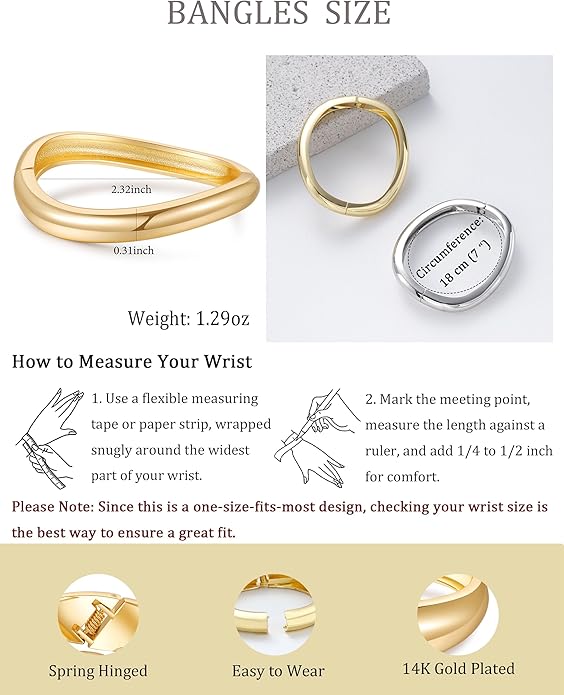 2pcs Gold Bangle Bracelets for Women, Trendy Hinged Cuff Open Wide Chunky Gold Bracelet Stack Arm Cuff Jewelry for Women