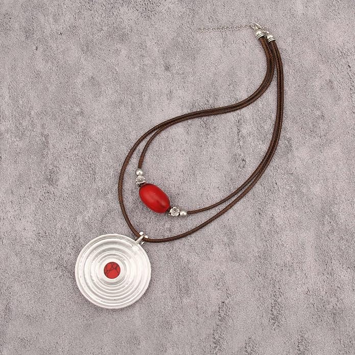 Boho Necklaces for Women Chunky Circle Necklace Layered Boho Circle Leather Choker Necklace Long Vintage Necklaces Bohemian Jewlery Gifts