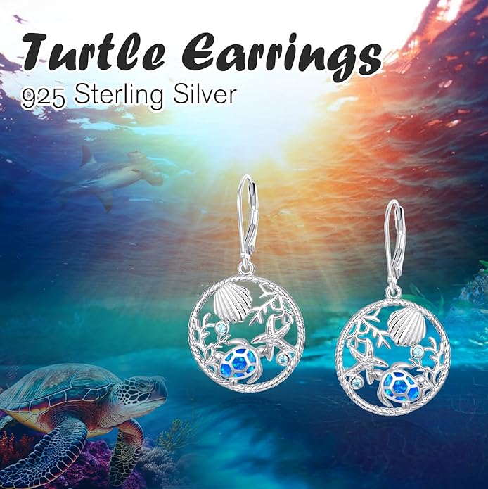 Turtle Earrings for Women S925 Sterling Silver Hawaii Blue Opal Sea Starfish Dangle Earring Tortoise Drop Animal Statement Ocean Summer Beach Vacation Jewelry Mothers Day Christmas Gift