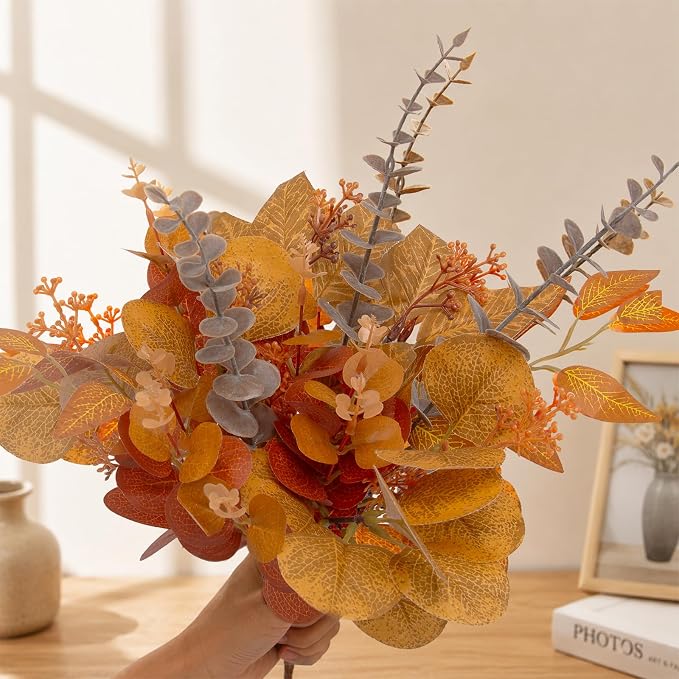 130 Pcs Fall Mixed Greenery Artificial Eucalyptus Stems Bulk, 6 Kinds of Fake - Image 2