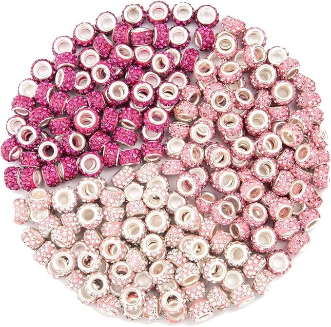 200 Pieces European Large Hole Spacer Beads, Pink European Craft Beads Rhinestone Lampwork Beads Fairy Garden Beads for DIY Charms Bracelet Necklace Earring Jewelry Making Supplies
