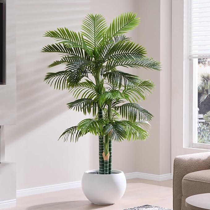 6FT Tall Triple Golden Cane Palm Tree in Black Cement Pot | Large Faux Plants - Image 8