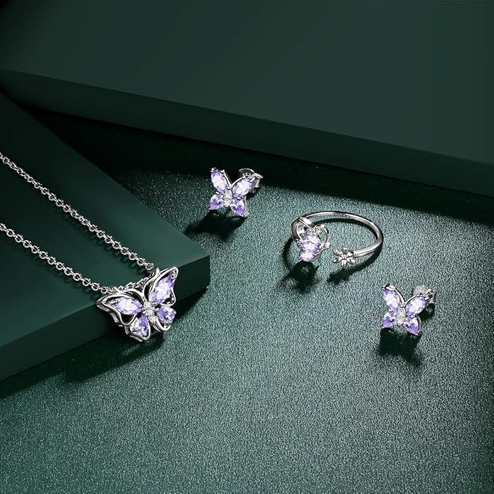 925 Sterling Silver Birthstone Butterfly Jewelry Women Crystal Animal Cute Butterflies Birthday Necklace/Earring/Ring/Bracelet Sets Birth Stone Statement Anniversary Jewellery