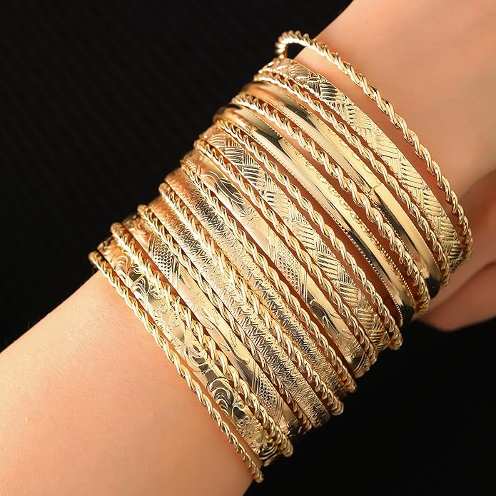 16Pcs Gold Bangle Bracelets for Women - Multi Layer Stackable Textured Bracelets Boho Jewelrys Set.