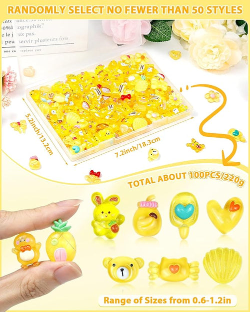 100PCS FIVEIZERO Cute Slime Charms Bulk Set – Kawaii Flatback Resin Charms for Crafts, Mini Decoden Acrylic Embellishments for Phone Junk Cases, Scrapbooking & DIY Decoration (Yellow)