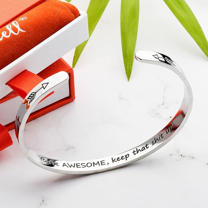 Carviell Engraved Cuff Bracelets for Women – Inspirational, Friendship, Love, Mom, Daughter, Sister, Christian, Graduation, Memorial & Wedding Gifts – 80+ Phrases – Stainless Steel, Gift-Ready