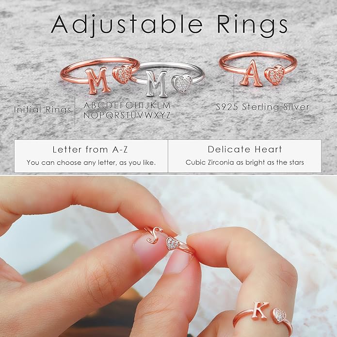 Valentines Day Gift Initial Rings for Teen Girls - S925 Heart Sterling Silver Rings for Teen Girls | 14K Gold/Rose Gold/Sterling Silver Plated Ring for Girls Kids Women Ring for Teenager Girls Gifts Adjustable, No Tarnish, Hypoallergenic