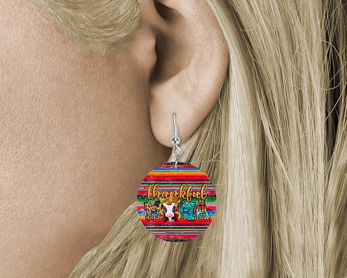 Round Wood Earrings Light Weight Printed Image Dangle Jewelry