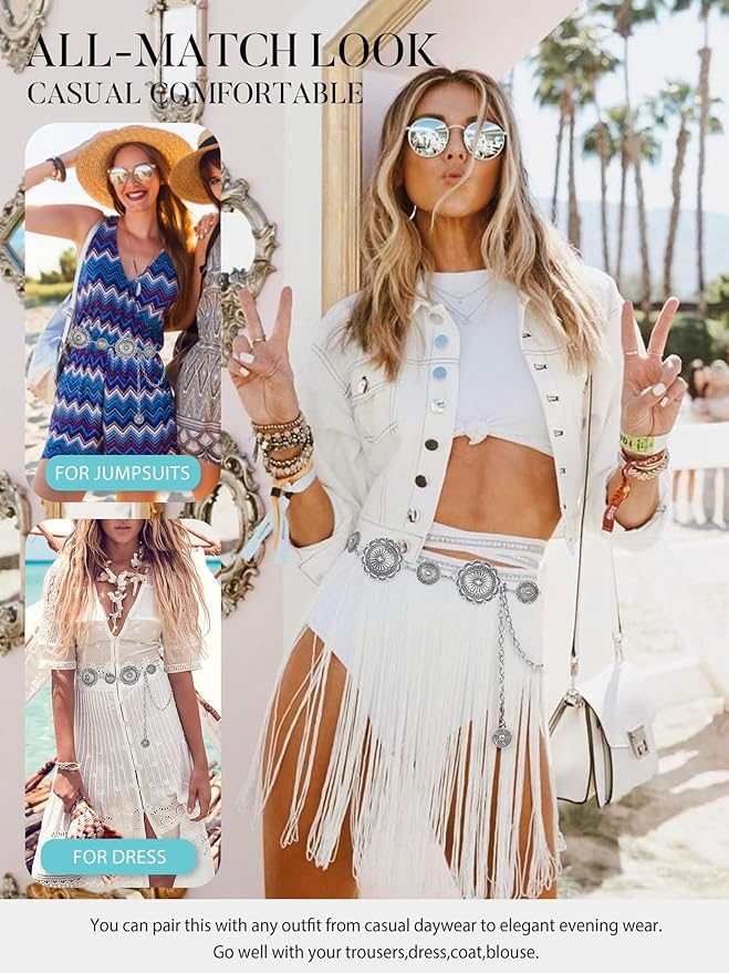 FIORETTO Metal Waist Chain Link Belt for Women Western Cowgirl Boho Turquoise Belts for Dress Jeans Country Concert Outfit