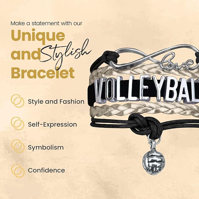 Volleyball Bracelets For Girls- Ideal Volleyball Gifts & Souvenirs. Adjustable Charm Bracelet with Moveable Letters, Infinity Symbol & Silver Volleyball Charm. Fashionable Bracelets by SportyBella.