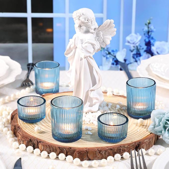 NITIME 10pcs Ribbed Blue Votive Candle Holders, Wedding Table Settings and - Image 3