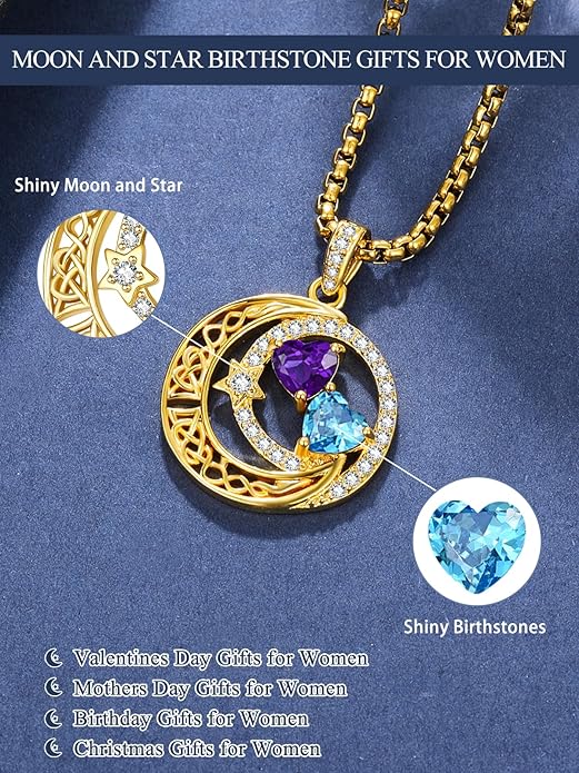 14K Gold Moon and Star Necklace Gifts for Women - Double Heart Birthstone Necklace, Valentines Wedding Anniversary Birthday Gifts for Her Wife Mom Daughter Grandma Sister