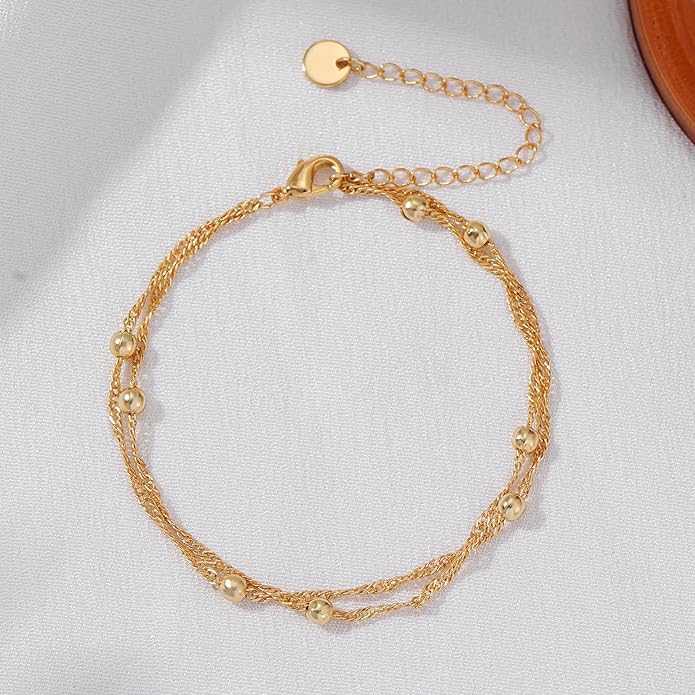 SLOONG Valentines Day Gifts for Her Gold Pearl Bracelets, 18K Real Gold Plated Dainty Stackable Snake Chain CZ Heart Pendant Bracelets, Layered Waterproof Jewelry Gift for Women Adjustable 6"+2"
