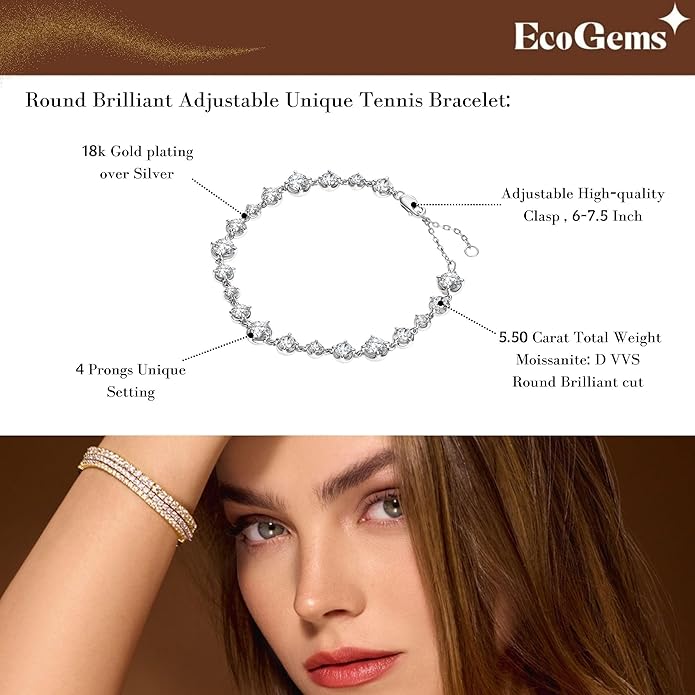 EcoGems Lab Grown Gemstone & Moissanite Bracelets – 14K/18K White or Yellow Gold Plated Sterling Silver – D Color VVS/VS Clarity – Elegant Sustainable Jewelry Gift with Gift Box