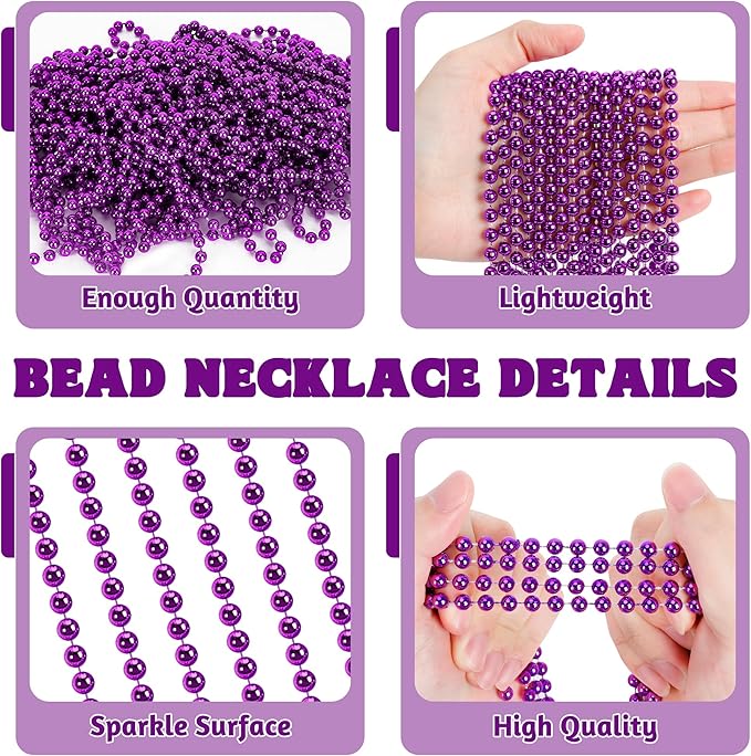 100 PCS Purple Beads Necklaces, Mardi Gras Beads, 33" Round Beaded Bulk Parade Throw Accessories Set, Beads For Carniaval Festive Celebrations Party