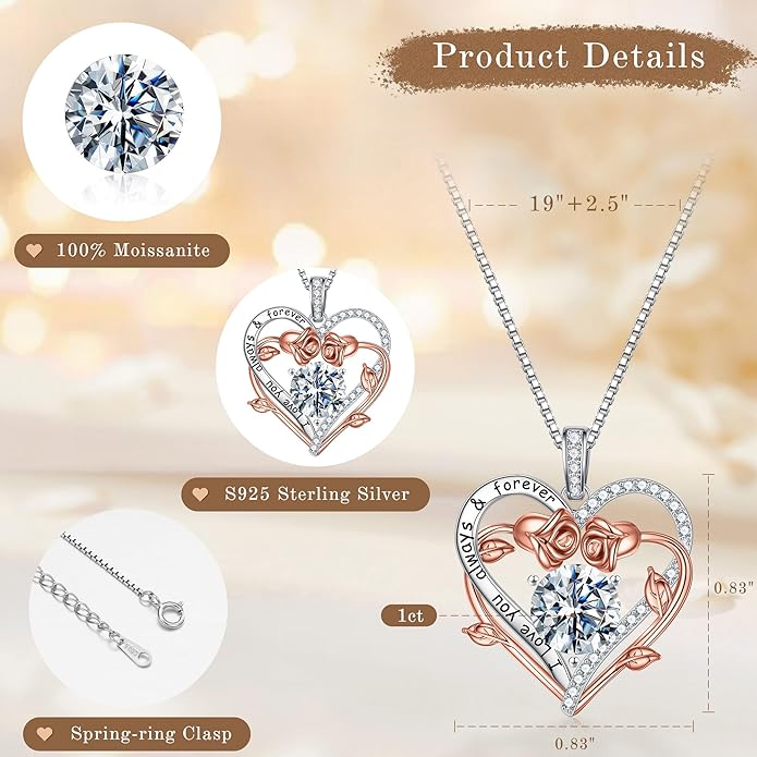 MOOSEA Valentines Day Gifts for Wife Mom - S925 Sterling Silver 1-3 ct D Color VVS1 Clarity Moissanite Necklace, Anniversary Birthday Gift for Her
