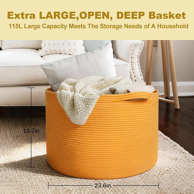 Extra Large 115L Orange Basket, 23.6"x15.7" Woven Cotton Rope Bins - Image 3