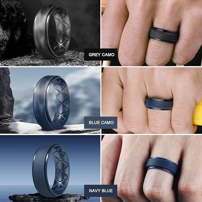 Egnaro Men's Rings 8.5mm Wide-2mm Thick Inner Arc Ergonomic Breathable Rubber Wedding bands-Hypoallergenic for Gym/Outdoor/Gift((1-7 Variety Pack with Half Size)