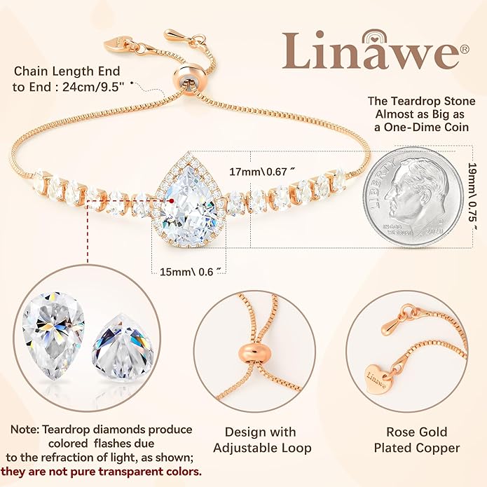 Linawe Crystal Imitation Diamond Rhinestone Charm Bracelets for Women, Gold/Silver/Rose Gold Adjustable Chain Bracelet, Teardrop Birthstone Cubic Zirconia Prom Costume Wedding Jewelry