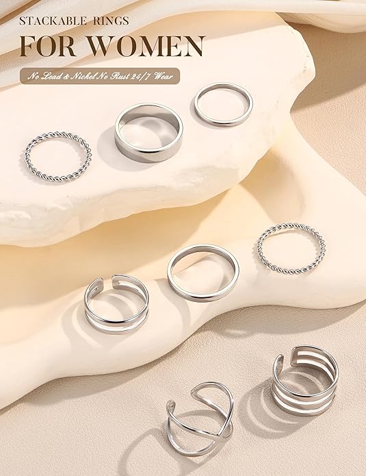 HAIAISO Silver Rings for Women Non Tarnish Stainless Steel Rings Set Dainty Gold Band Ring Stack Simple Stackable Thumb Pinky Ring for Multiple Size