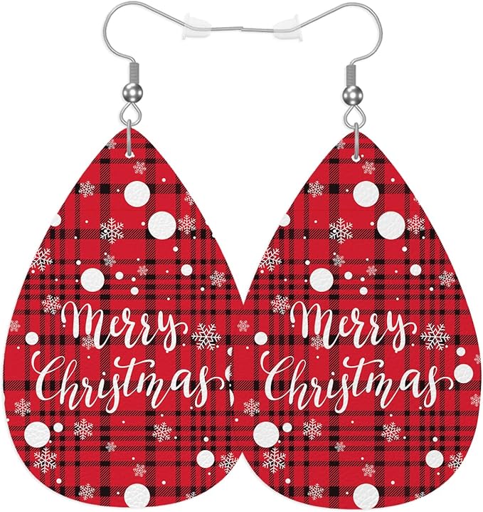 Merry Christmas Leather Teardrop Hook Earrings