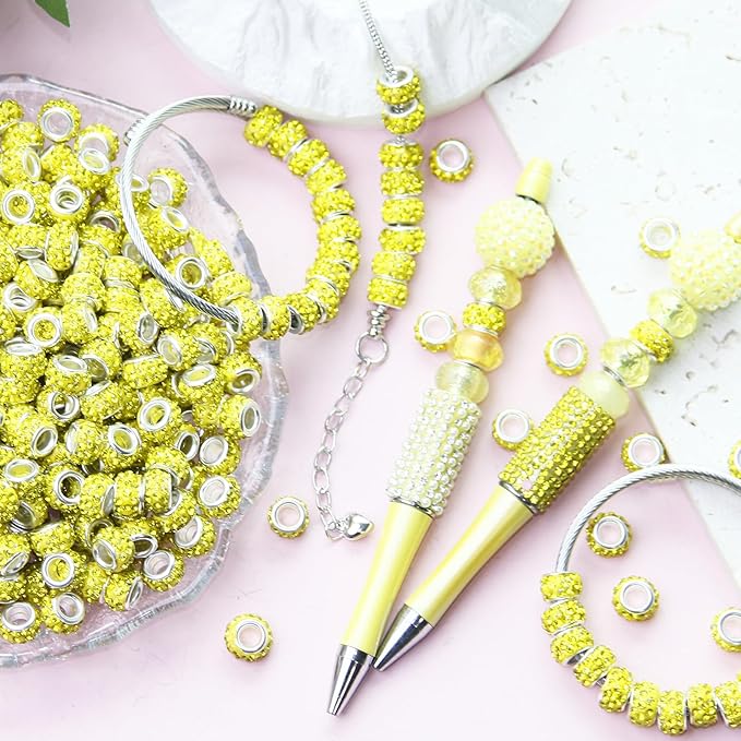 200Pcs Rhinestone Large Hole Beads Spacer Beads Yellow European Craft Big Beads Large Hole Rhinestones Lampwork Murano Bead Fairy Wand Garden Beads for DIY Bracelet Necklace Jewelry Making Supplies