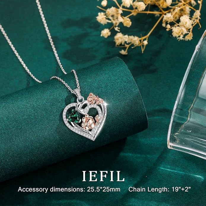Iefil Valentines Day Gifts for Her - 925 Sterling Silver Birthstone Heart Necklace for Women, Anniversary Birthday Gifts for Wife Girlfriend Mom