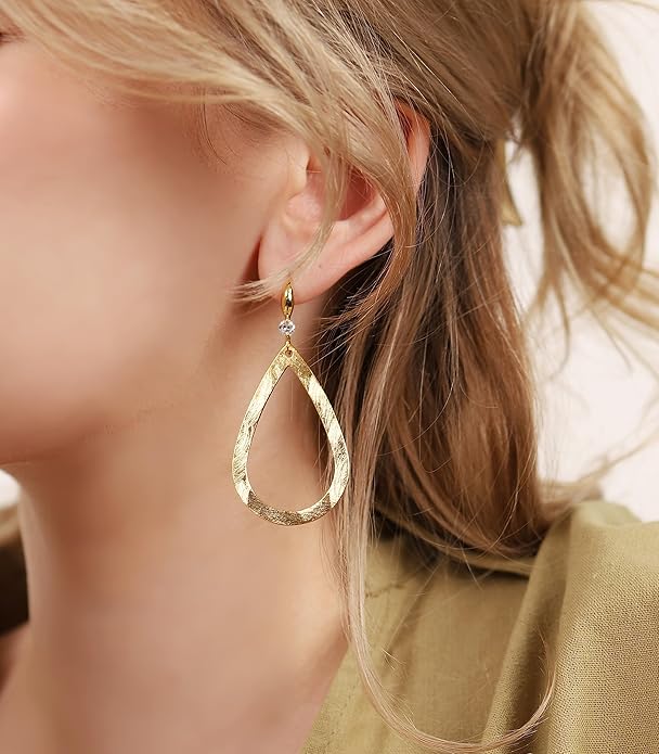 OZEL Gold Dangle Earrings for Women Brushed Finish, Matte Gold Statement Jewelry, 14k Gold Plated