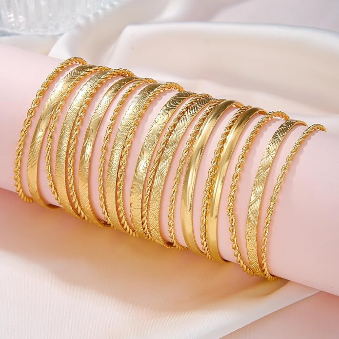 16Pcs Gold Bangle Bracelets for Women - Multi Layer Stackable Textured Bracelets Boho Jewelrys Set.