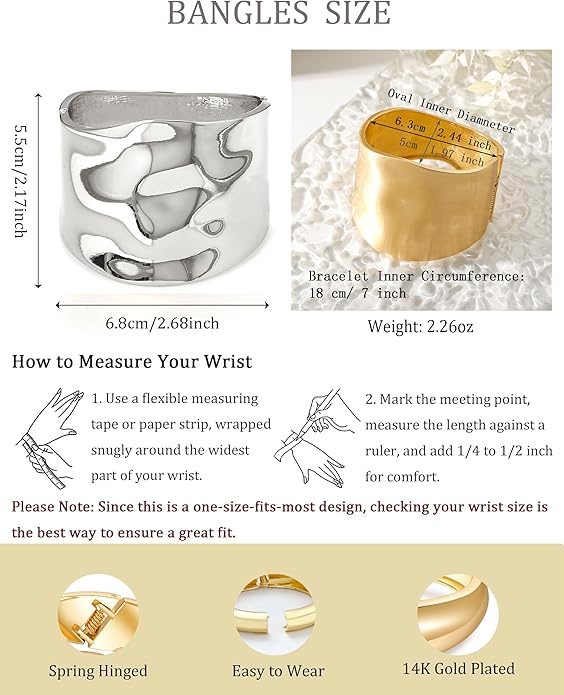 Bangle Bracelets for Women | 14K Gold Plated Trendy Wide Bracelets | Hinged Arm Cuff Bangles Chunky Bracelet for Women