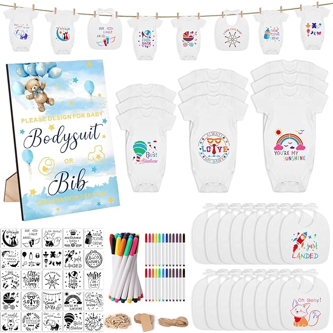 151 Pcs Baby Shower Game Decorations Kit with Bibs, Bodysuits, Wooden Sign & Fabric Markers (BlueBear)