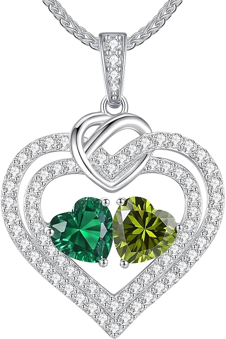 LOUISA SECRET Sparkling Double Heart Birthstone Necklaces for Women, 925 Sterling Silver Fine Jewelry, Pendant Heart Necklaces Birthday Anniversary Christmas Gift for Women Wife Mom Girlfriend Lady
