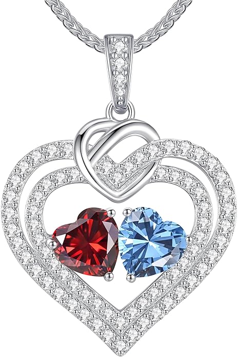 LOUISA SECRET Sparkling Double Heart Birthstone Necklaces for Women, 925 Sterling Silver Fine Jewelry, Pendant Heart Necklaces Birthday Anniversary Christmas Gift for Women Wife Mom Girlfriend Lady