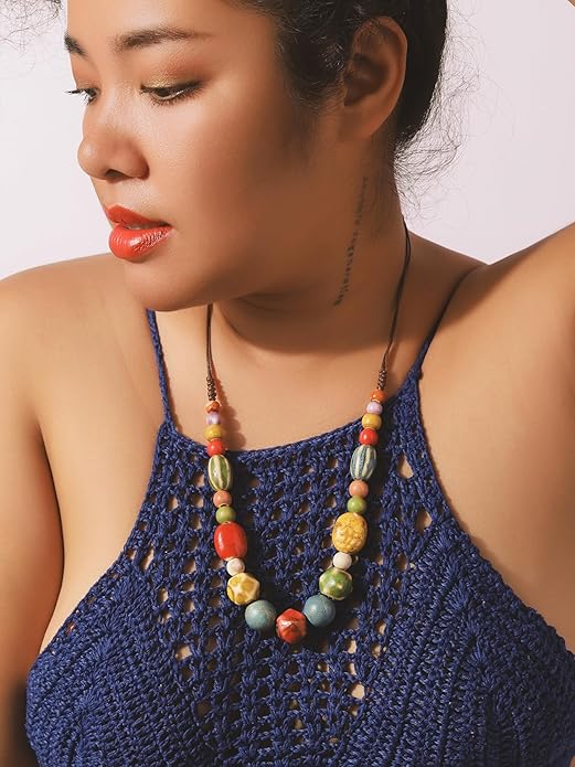 MINACHI Hippie Boho Colorful Ceramic Round Beads Strand Necklace, Bohemian Fashion Statement Jewelry Gift for Women