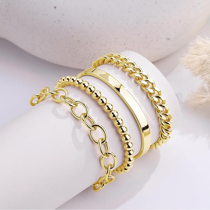 Gold Bracelets Set for Women Stack, Dainty Thick Bracelets Stack for Women Trendy, Simple Thin Gold Plated Cuff Stackable Bracelets With Beaded Cuban Paperclip Snake Rope Bangle Hand Chain Jewelry Gifts for Women Non Tainish